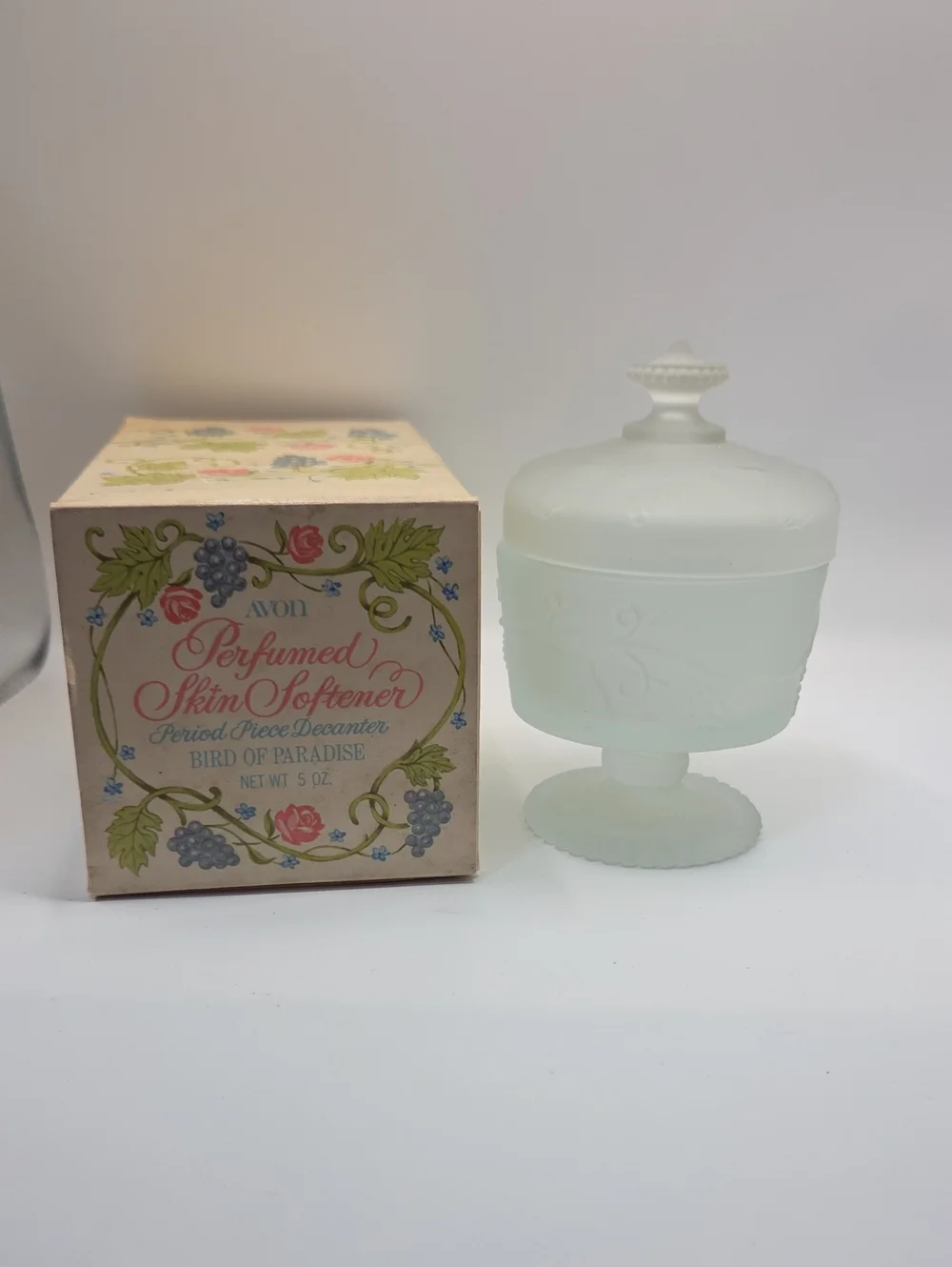 Avon Bird of Paradise Perfumed Skin Softener Jar - Frosted Glass. Vintage